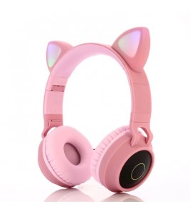 Cute Cat Ear Kids Women Bluetooth 5.0 Headphone Foldable Over-Ear Stereo Wireless Headset with LED Light - Pink