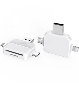 3-in-1 USB / Ip / Type-C to SD / TF Card Reader Plug and Play Adapter for Laptop Tablet Smartphone - White