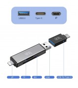 KAWAU C350TL iP+USB3.0+Type-C Card Reader Adapter Support SD / TF Card Aluminum Alloy Cellphone OTG Card Reader