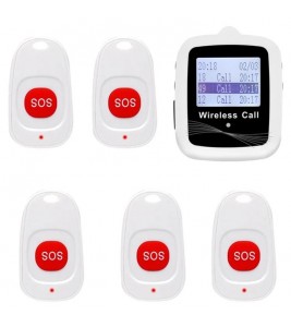 CTW07 EU Plug Wireless Elderly Emergency Alert Bell System with 5 SOS Call Buttons and 1 Digital Screen Receiver - White