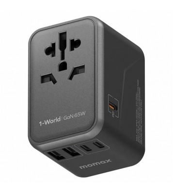 MOMAX 1-World 65W GaN PD Fast Charging Adapter Global Travel 5 Ports + AC Power Socket - Black