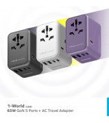 MOMAX 1-World 65W GaN PD Fast Charging Adapter Global Travel 5 Ports + AC Power Socket - Black