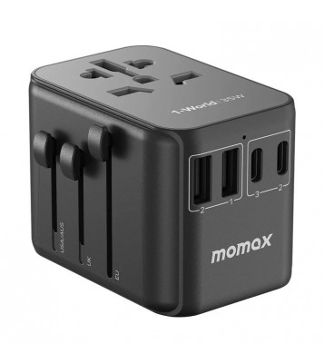 MOMAX 1-World 35W Universal PD Fast Charging Power Adapter Global Travel 5 Ports + AC Socket Converter - Black