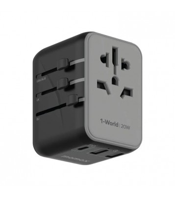 MOMAX 1-World Universal Travel Adapter 20W PD Fast Charging Block AC+1C+2A Worldwide Wall Charger - Black