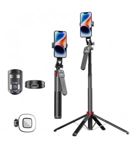 P185TK+F1 Extendable Four-Leg Floor Stand Phone Holder Bluetooth Selfie Stick with 1 Square Fill Light