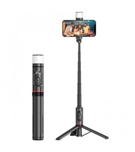 Q12S Extendable Selfie Stick Aluminum Alloy Tripod Stand with Fill Light and Wireless Bluetooth Remote Control Tripod Stand - Black