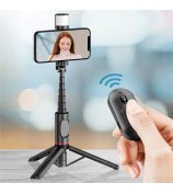 Q12S Extendable Selfie Stick Aluminum Alloy Tripod Stand with Fill Light and Wireless Bluetooth Remote Control Tripod Stand - Black