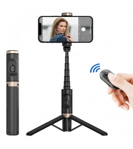 Q12 Mobile Phone Holder Tripod Extendable Aluminium Alloy Pole Live Streaming Selfie Stick with Bluetooth Remote Control - Black