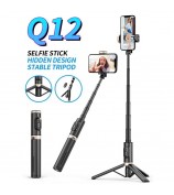 Q12 Mobile Phone Holder Tripod Extendable Aluminium Alloy Pole Live Streaming Selfie Stick with Bluetooth Remote Control - Black