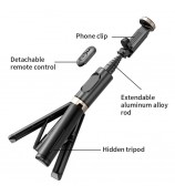 Q12 Mobile Phone Holder Tripod Extendable Aluminium Alloy Pole Live Streaming Selfie Stick with Bluetooth Remote Control - Black