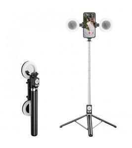 R17DS 1.75m Portable Bluetooth Selfie Stick Retractable Tripod Phone Stand with Dual Fill Lights 360-Degree Rotating Photography Live Streaming Devices - Black