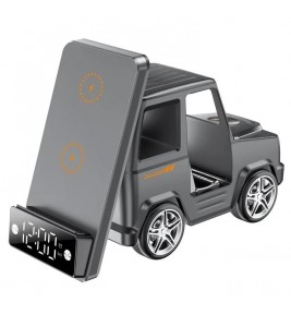 G63 6-in-1 Car Shape 15W Desktop Wireless Charger Bluetooth Speaker Clock Atmosphere Light - Grey