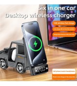 G63 6-in-1 Car Shape 15W Desktop Wireless Charger Bluetooth Speaker Clock Atmosphere Light - Grey