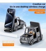 G63 6-in-1 Car Shape 15W Desktop Wireless Charger Bluetooth Speaker Clock Atmosphere Light - Grey