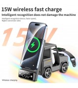 G63 6-in-1 Car Shape 15W Desktop Wireless Charger Bluetooth Speaker Clock Atmosphere Light - Grey