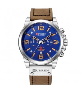 CURREN 8314 Multi-function Men Quartz Watch Waterproof Leather Strap Men Wristwatch - Silver/Brown