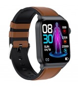 E500 1.83-inch Weather Forecast Sports Bracelet ECG+PPG Body Temperature Blood Oxygen Monitor Smart Watch, Leather Strap - Brown