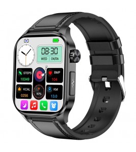 ET580 2.04" AMOLED Smart Watch Bluetooth Call ECG Health Bracelet, Leather Strap - Black