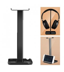 JD064 Multifunction Headset Stand Metal Headphone Hanger Desktop Tablet Cell Phone Holder - Black