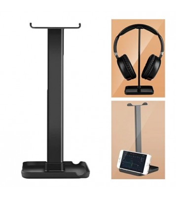 JD064 Multifunction Headset Stand Metal Headphone Hanger Desktop Tablet Cell Phone Holder - Black
