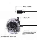 PULUZ PU425 1.5m Lavalier Microphone USB-C Lapel Clip-On Omni Condenser Mic for Video Recording