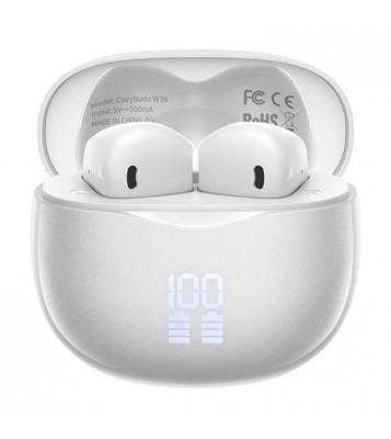 REMAX Cozybuds W39 TWS Earphones Digital Display Wireless Bluetooth 5.4 Stereo Earbuds with Charging Case - White