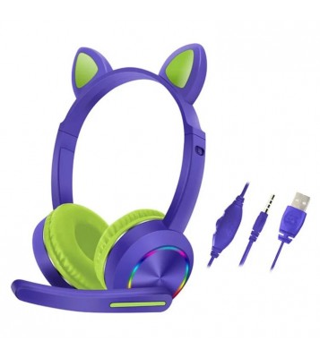 AKZ-020 LED Light Cat Ears Headphones Wired Over-Ear Gaming Headset with Microphone - Purple