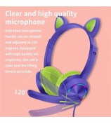 AKZ-020 LED Light Cat Ears Headphones Wired Over-Ear Gaming Headset with Microphone - Purple