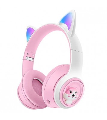 AKZ-07 LED Light Cat Ears Bluetooth Headphones Stereo Sound Wireless PC Gaming Over-Ear Headset - Pink