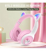 AKZ-07 LED Light Cat Ears Bluetooth Headphones Stereo Sound Wireless PC Gaming Over-Ear Headset - Pink