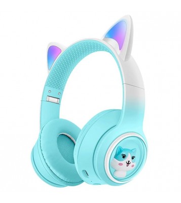 AKZ-02 Color Light Cat Ear Wireless Bluetooth Headphone Heavy Bass E-Sport Head-Mounted Headset - Gradient Sky Blue