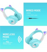 AKZ-02 Color Light Cat Ear Wireless Bluetooth Headphone Heavy Bass E-Sport Head-Mounted Headset - Gradient Sky Blue