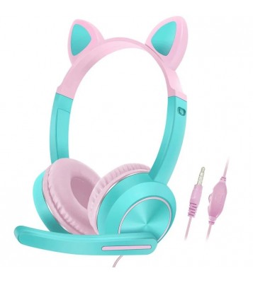 AKZ-024 Kids Headphones Cat Ear 3.5mm Wired Headset Gaming Headset with Microphone - Fruit Blue