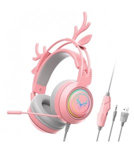 SY-G25 Deer Antler Wired Headset RGB Light Headphones with Noise Cancelling Mic 3.5mm Gaming Earphones for E-Sports - Pink