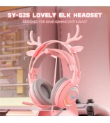 SY-G25 Deer Antler Wired Headset RGB Light Headphones with Noise Cancelling Mic 3.5mm Gaming Earphones for E-Sports - Pink