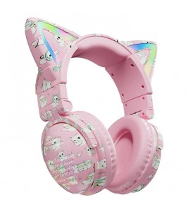 VJ371 Graffiti RGB Cat Ear Bluetooth Headset Detachable Microphone Stereo Music Wireless Headphones - Pink