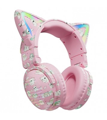 VJ371 Graffiti RGB Cat Ear Bluetooth Headset Detachable Microphone Stereo Music Wireless Headphones - Pink