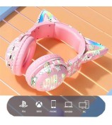 VJ371 Graffiti RGB Cat Ear Bluetooth Headset Detachable Microphone Stereo Music Wireless Headphones - Pink