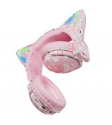 VJ371 Graffiti RGB Cat Ear Bluetooth Headset Detachable Microphone Stereo Music Wireless Headphones - Pink