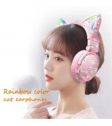 VJ371 Graffiti RGB Cat Ear Bluetooth Headset Detachable Microphone Stereo Music Wireless Headphones - Pink