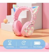 VJ371 Graffiti RGB Cat Ear Bluetooth Headset Detachable Microphone Stereo Music Wireless Headphones - Pink