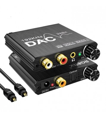 24Bit Digital to Analog Converter 192kHz DAC Bass Volume Control Coaxial SPDIF Toslink to Analog Stereo L/R RCA 3.5mm Jack Audio Adapter