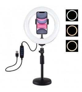 PULUZ PKT3078B 7.9-inch 20cm USB Dimmable Dual Color Temperature LED Ring Light with Phone Clamp + Round Base Desktop Mount