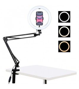 PULUZ 10.2-inch 26cm Ring Curved Light + Desktop Arm Stand USB 3 Modes Dimmable Dual Color Temperature LED Vlogging Selfie Photography Video Lights with Phone Clamp