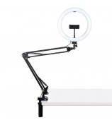 PULUZ 10.2-inch 26cm Ring Curved Light + Desktop Arm Stand USB 3 Modes Dimmable Dual Color Temperature LED Vlogging Selfie Photography Video Lights with Phone Clamp