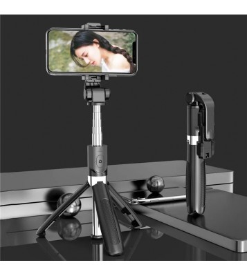 SELFIESHOW L01s Selfie Stick Tripod Extendable Bluetooth Monopod with 360 Degree Rotating Phone Clip and Remote Control - Black