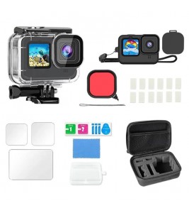 19-in-1 Accessories Kit for GoPro Hero 12 / 11 / 10 / 9 Waterproof Case Silicone Sleeve Tempered Glass Film Set with Storage Bag