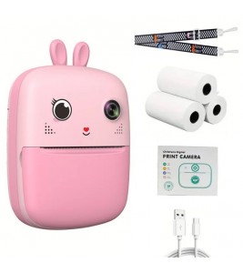 S6 Cute Cartoon 2.4-inch Screen Dual Lens Kids Digital Camera Instant Thermal Photo Printer with 32G TF Card + Card Reader - Pink