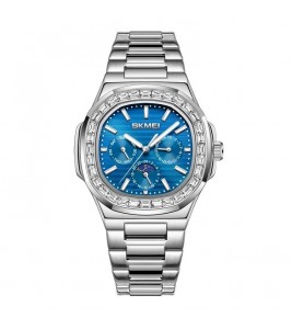 SKMEI 7076 Business Men Quartz Watch Octagonal Zircon Decor Fashion Wrist Watch - Silver Strap / Blue Dial