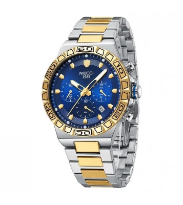 NIBOSI 2661 Stylish Steel Strap Quartz Watch Men Luminous Calendar Wrist Watch - Silver+Gold Strap / Blue Dial